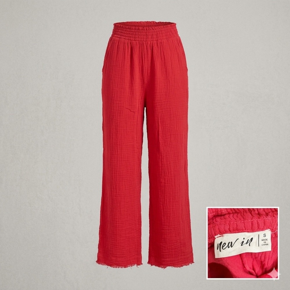 New In Gauze Pants‎ Small Red Elastic Waist Raw Hem Boho Beach Cotton Wide Leg